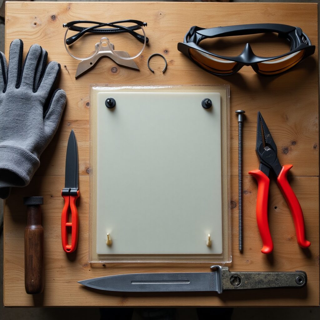Flat lay of all tools and materials: screwdrivers, pliers, safety glasses, gloves, ceramic glass, gasket material, clips
Where to place: In "What You'll Need: Tools and Materials" section