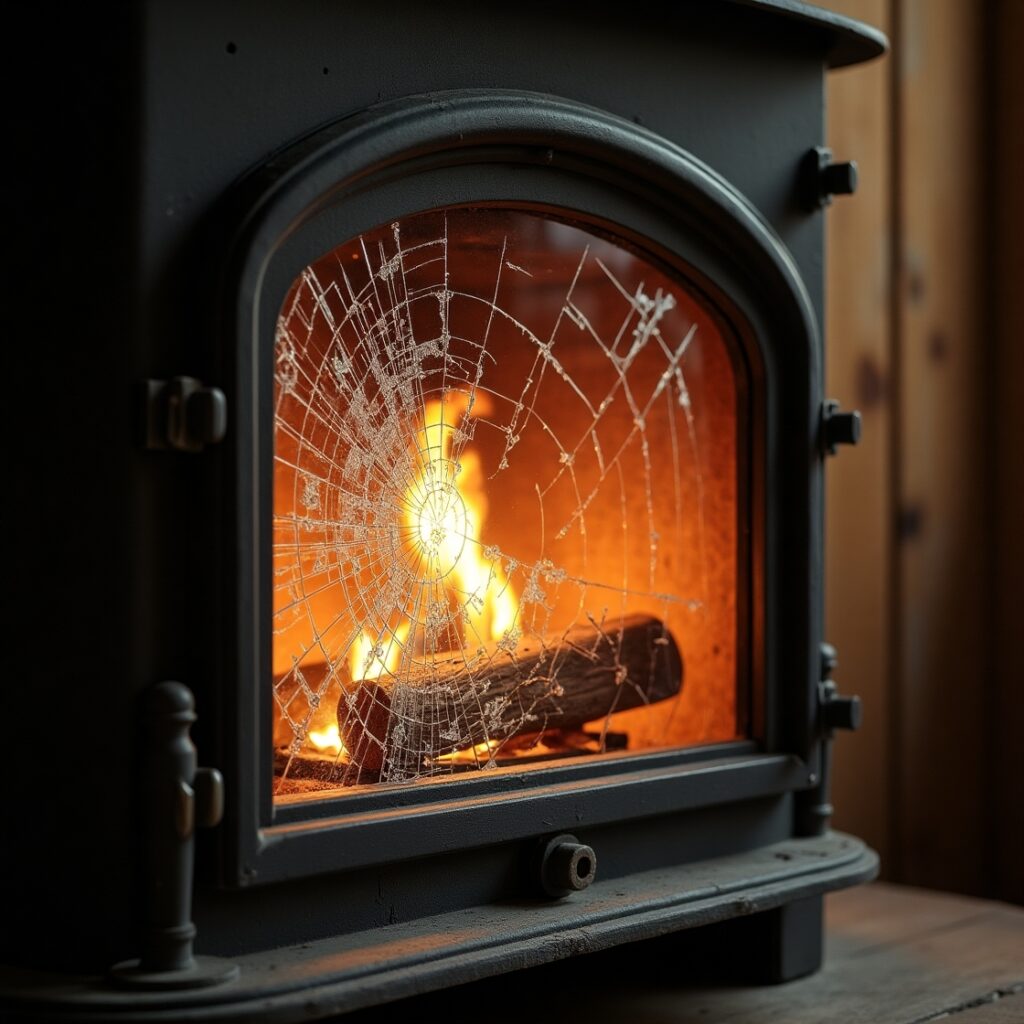 Close-up of cracked glass door with visible stress fractures, highlighting the problem
Where to place: After first paragraph in "Understanding Why Wood Stove Glass Doors Break" section