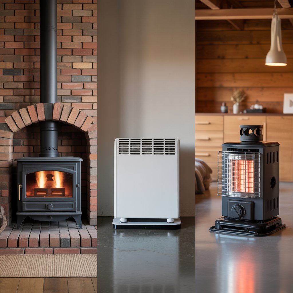 Side-by-side comparison of off grid cabin heating options including wood stove and propane heater