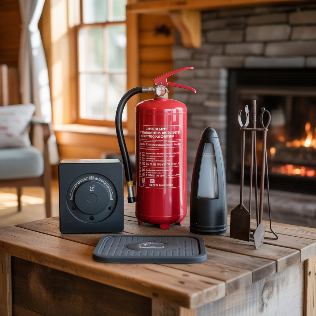 Cabin heating safety essentials: CO detector, fire extinguisher, hearth pad and chimney cleaning tools