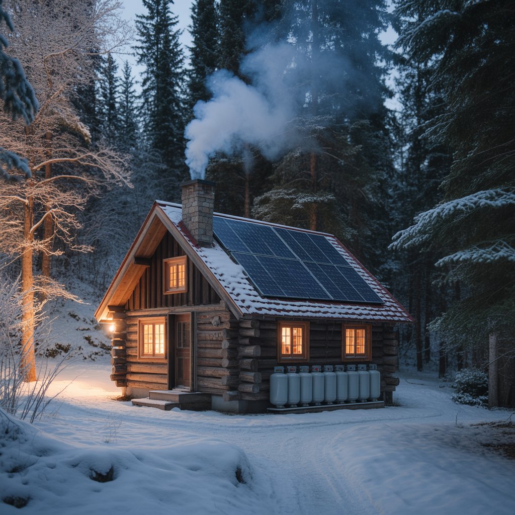 Small off grid cabin with wood stove chimney and solar panels in snowy winter forest