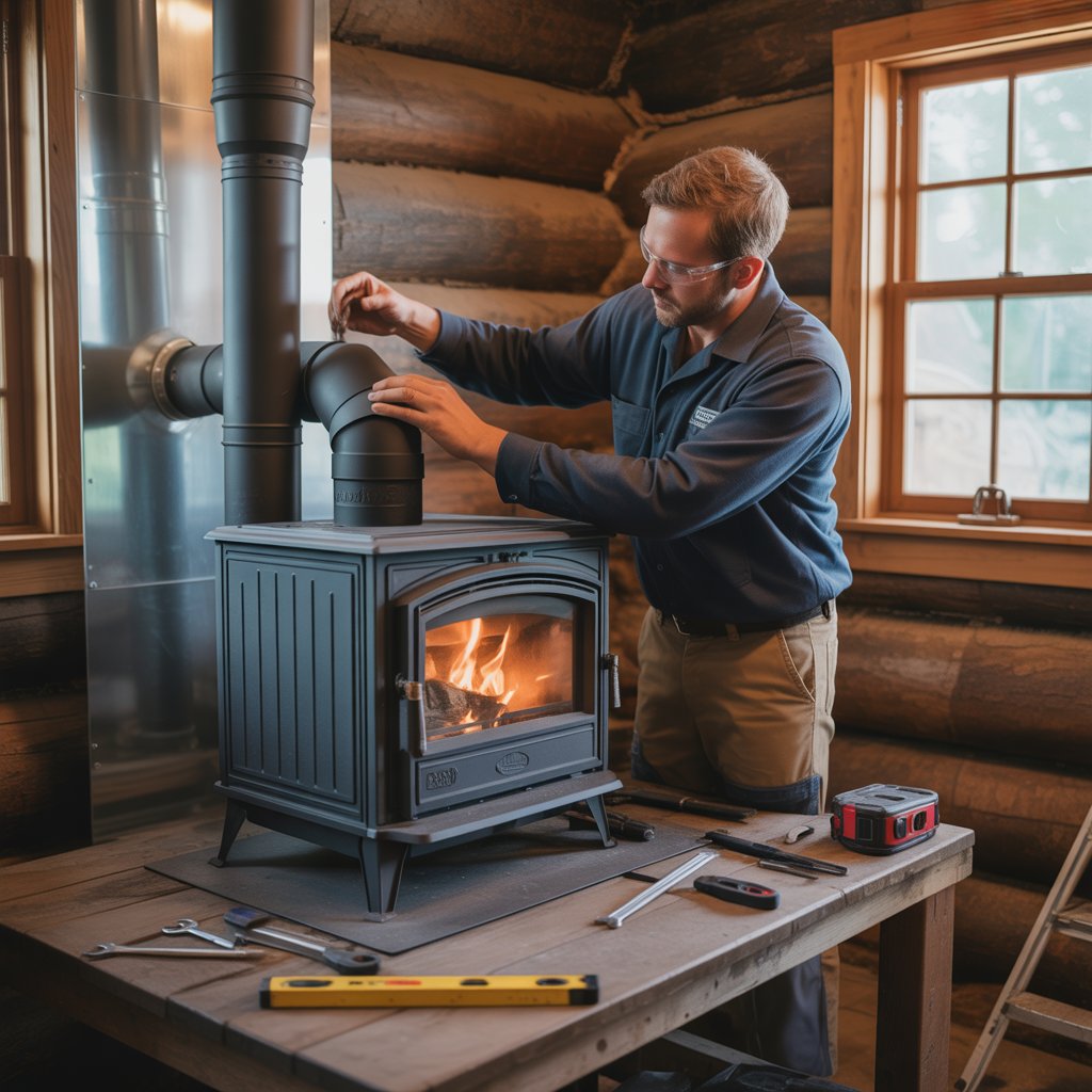 Wood stove chimney installation in off grid cabin interior