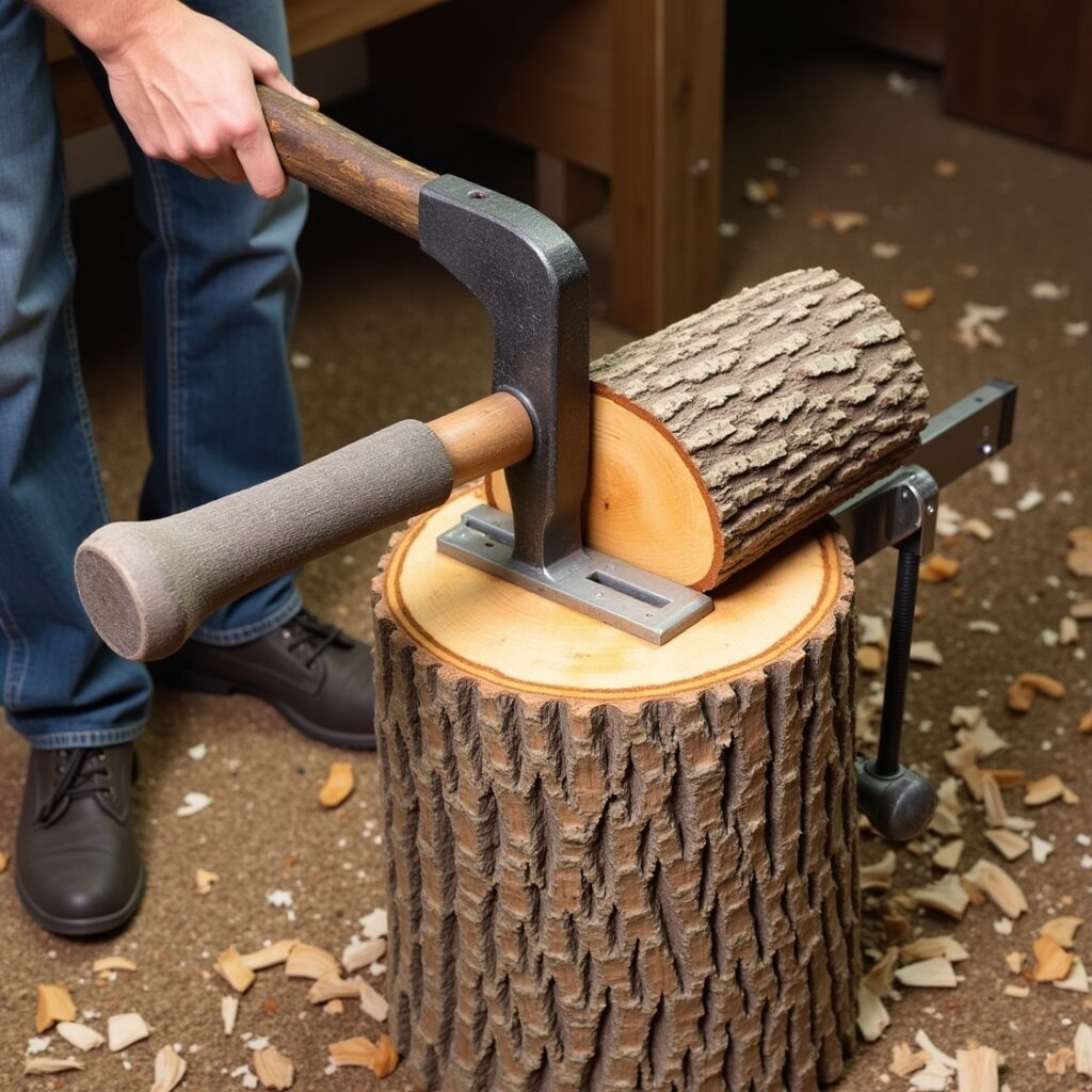 splitting  oak tree firewood