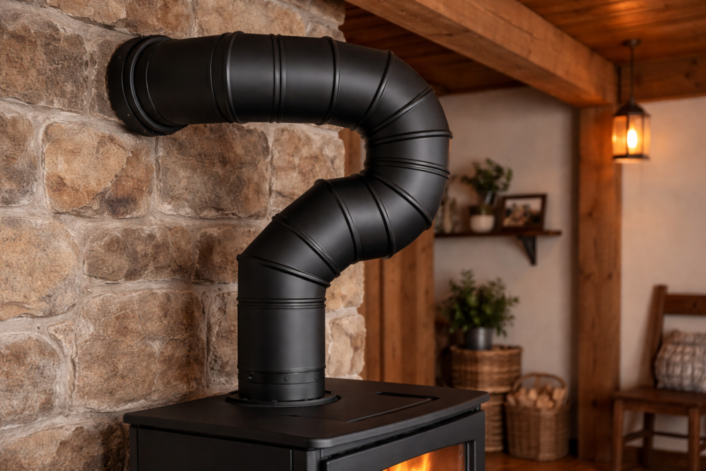 wood stove venting mistakes showing multiple pipe elbows restricting airflow