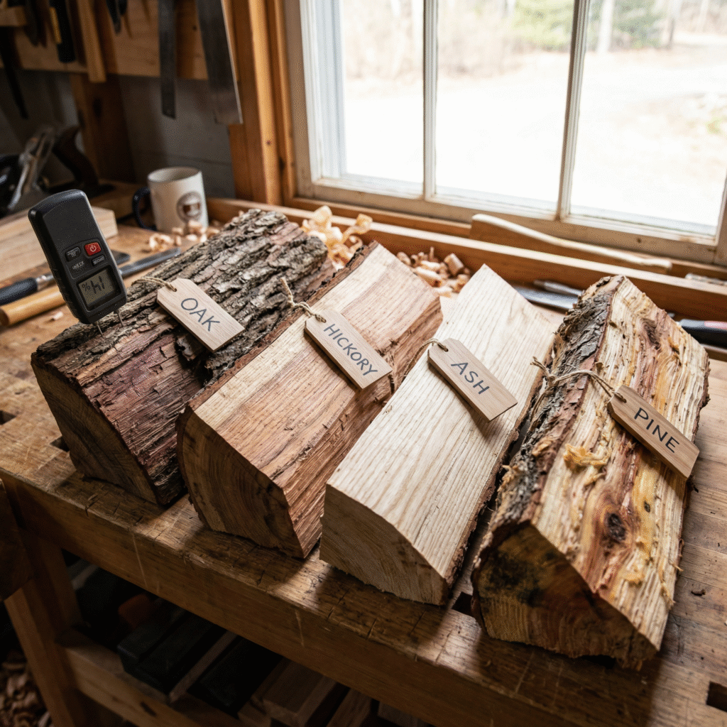 Different firewood species comparison showing oak hickory ash and softwood splits