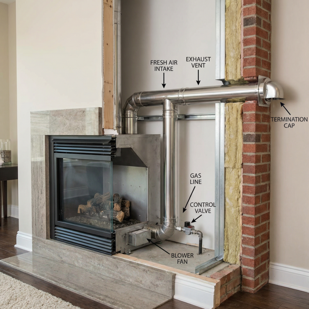 Direct vent gas fireplace inserts installation showing two-pipe venting system