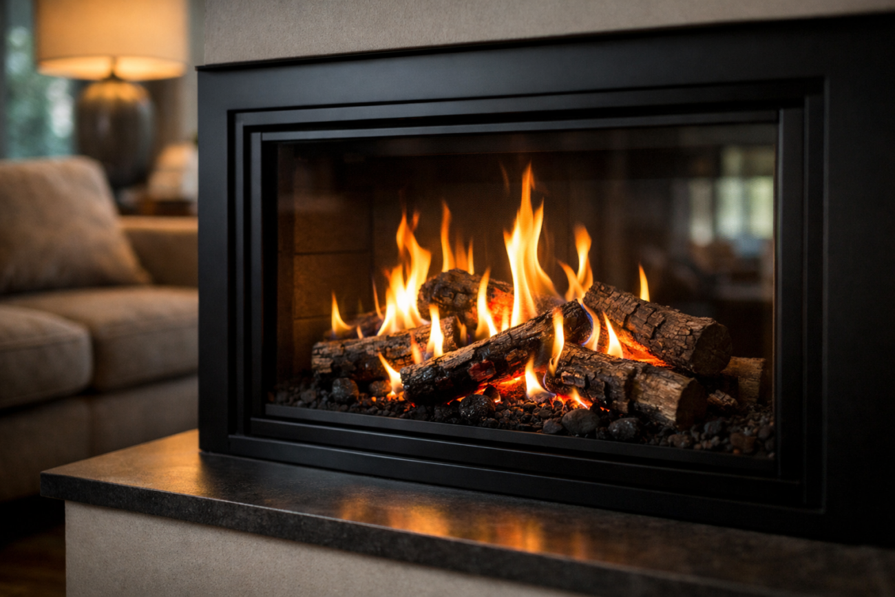 Gas fireplace inserts with realistic flames in modern living room setting