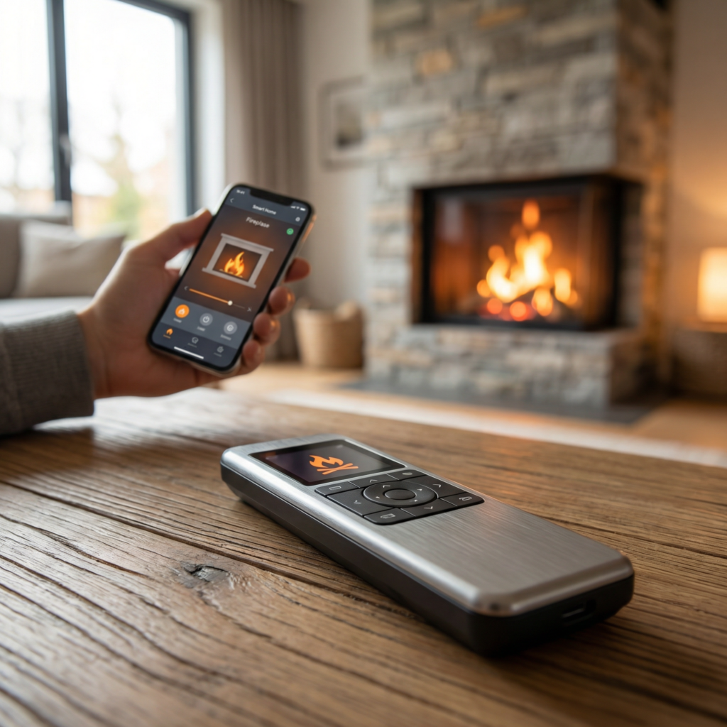 Modern gas fireplace inserts remote control and smartphone app interface