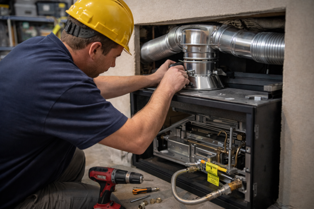 Professional installing gas fireplace inserts with venting components