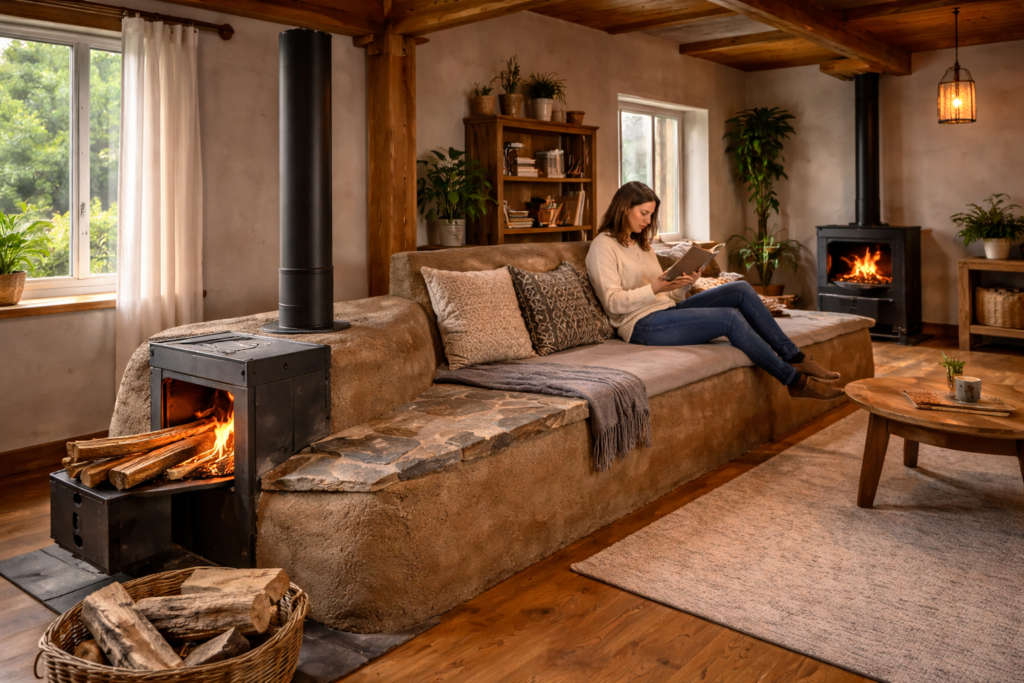 Rocket stove wood burning heater mass heater with thermal mass bench in living space