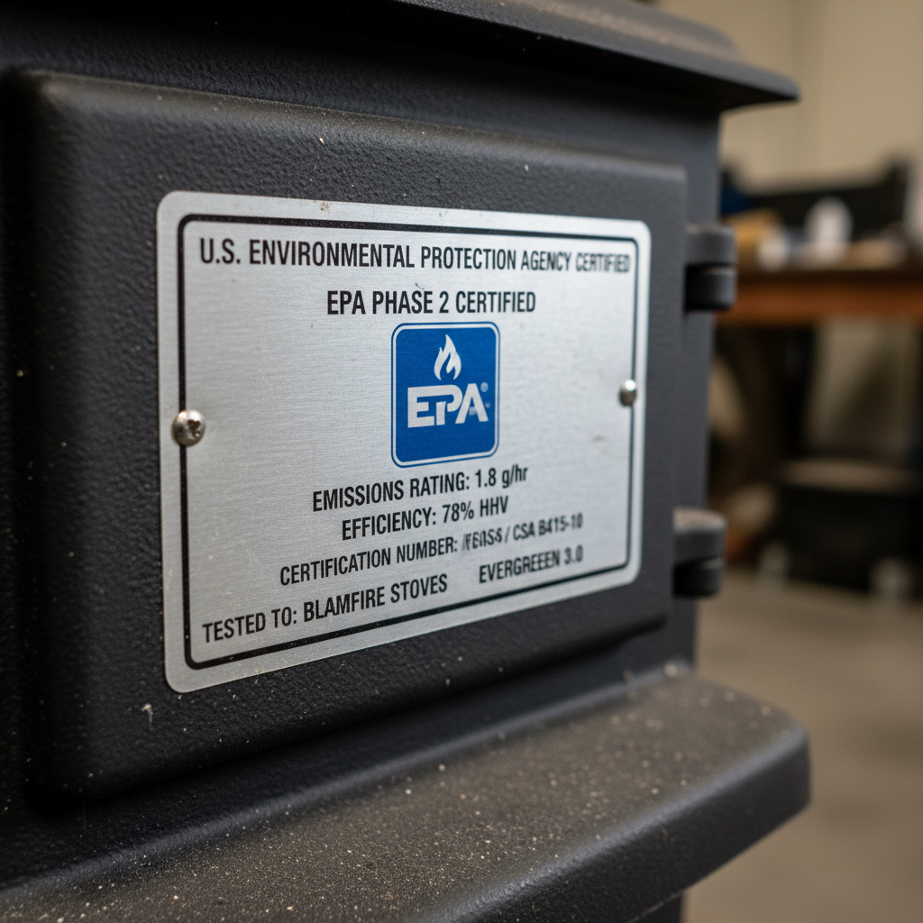 EPA certified wood stove efficiency rating label close up