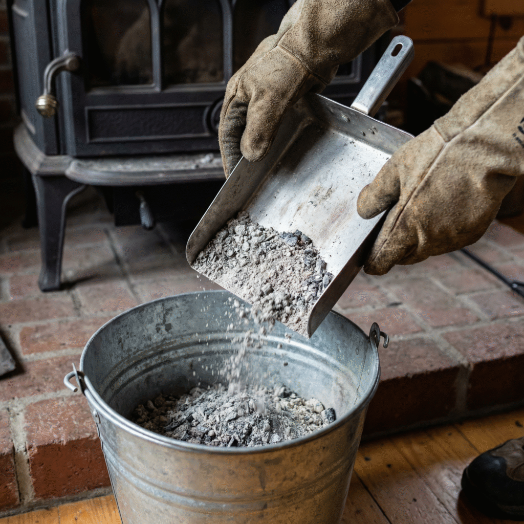 Wood burning stove ash pan being emptied into metal bucket following maintenance checklist