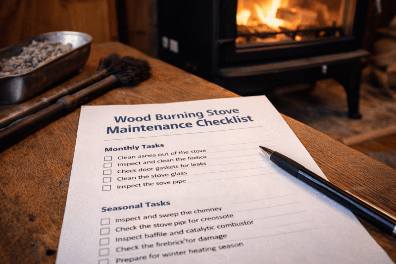 Wood burning stove maintenance checklist with monthly and seasonal tasks laid out on table