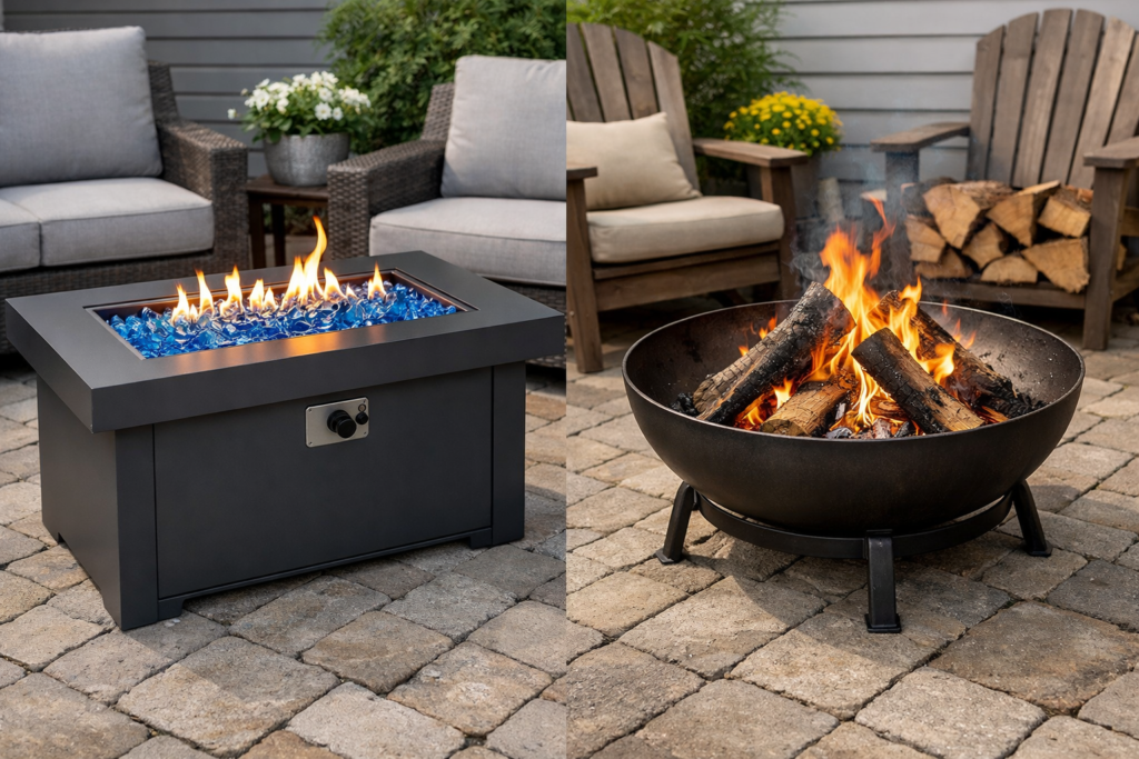 Side by side comparison of propane and wood burning fire pits for small backyards