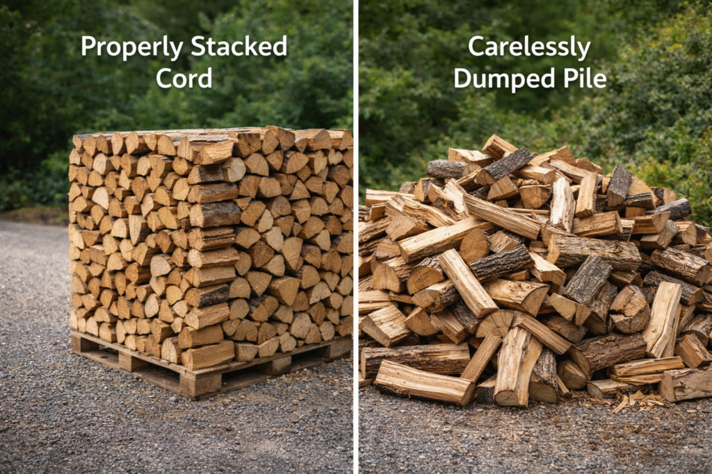 Comparison of properly stacked versus dumped firewood delivery