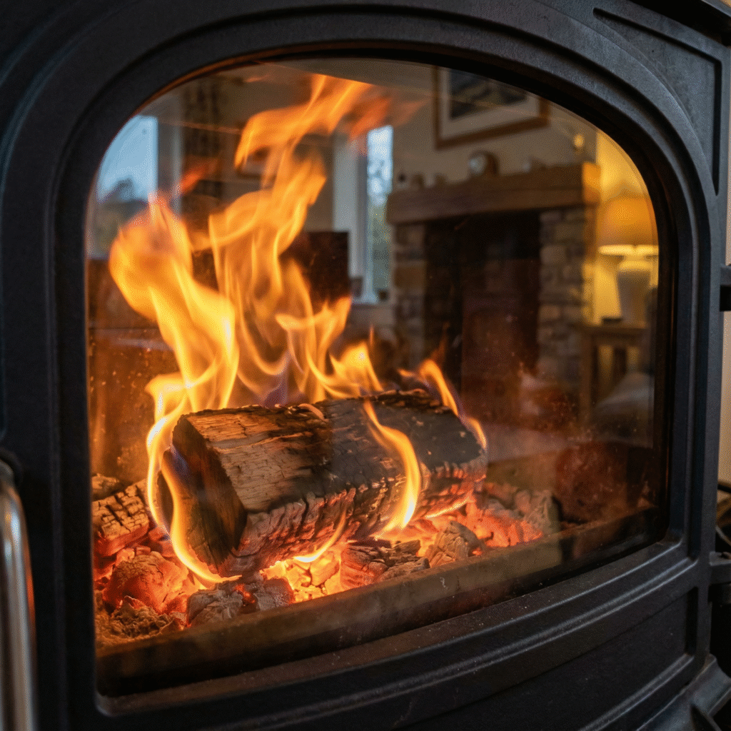 compressed wood eco-logs burning in wood stove with bright flames