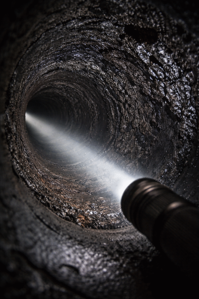 Creosote buildup visible inside chimney flue during wood burning stove maintenance checklist inspection