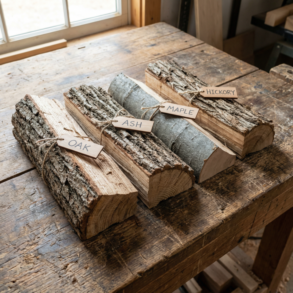 Different hardwood species requiring various seasoning times for best heat output