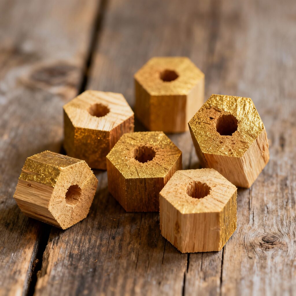 hexagonal wood sawdust briquettes arranged showing unique shape design