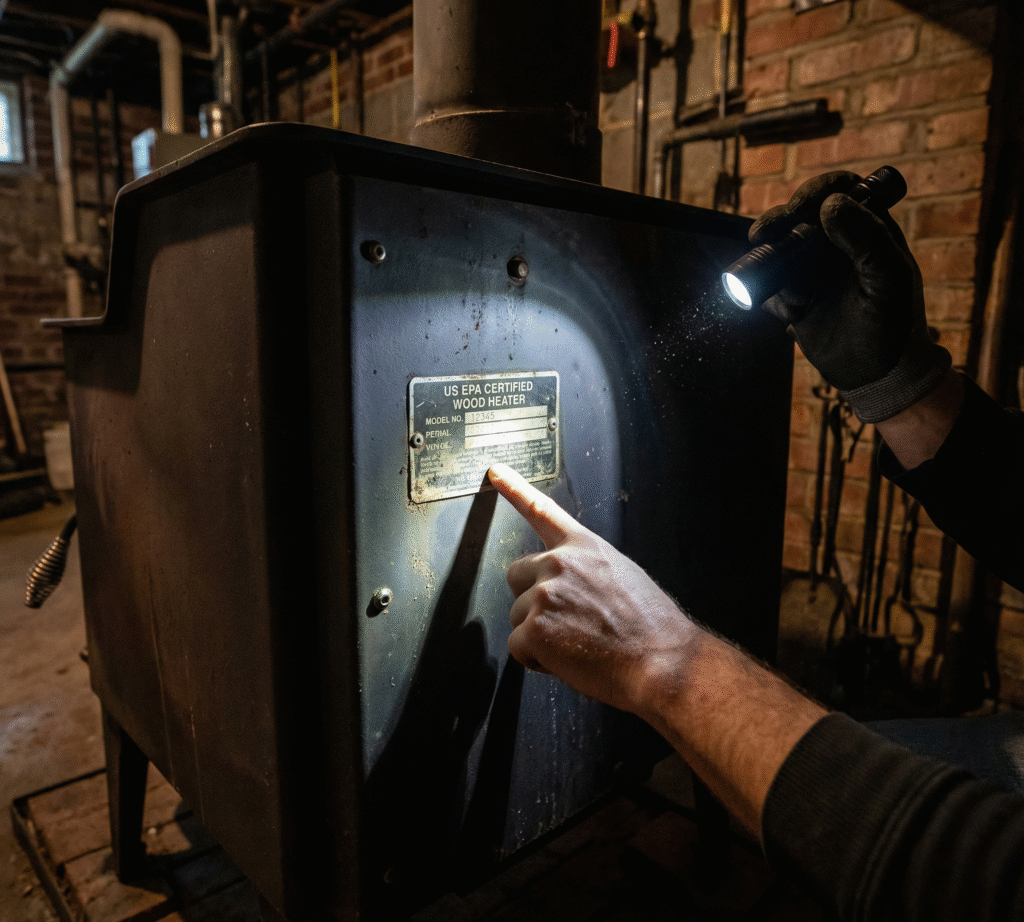 homeowner checking wood stove certification label for 2026 wood stove regulations compliance