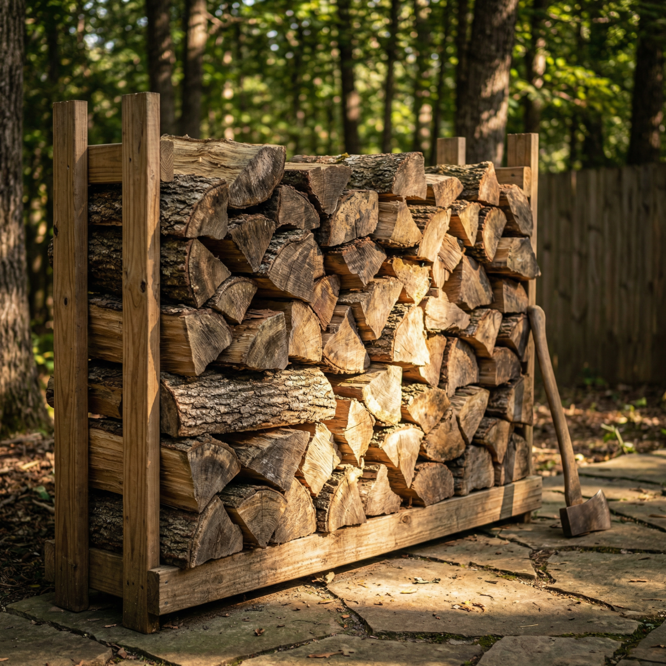how to season firewood for best heat output, neatly stacked split firewood drying in outdoor rack with proper spacing