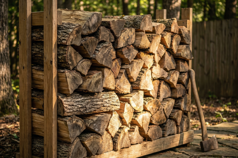 how to season firewood for best heat output, neatly stacked split firewood drying in outdoor rack with proper spacing