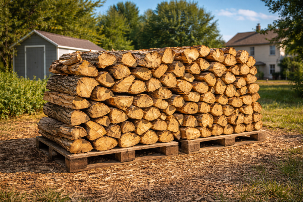 Ideal firewood seasoning location with sun exposure and airflow for best heat output