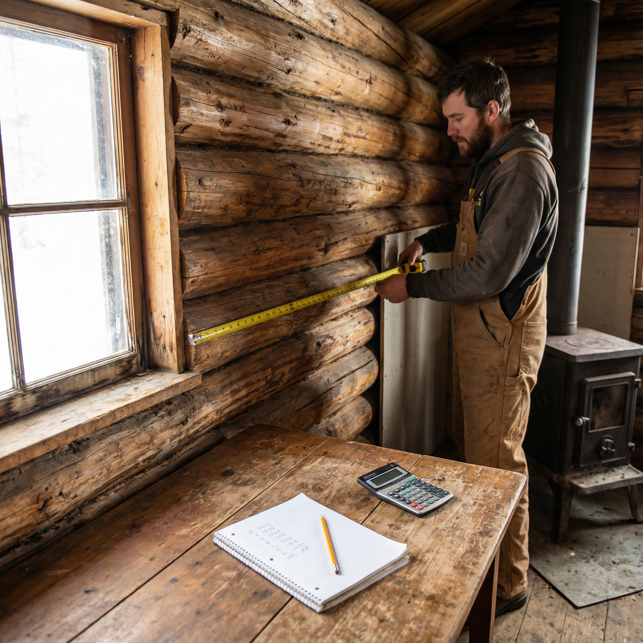 cabin owner measuring room dimensions to calculate what size wood stove do i need for a cabin