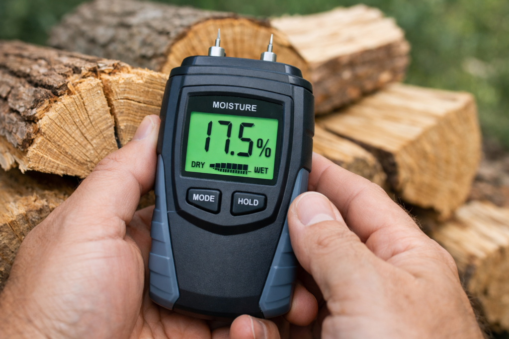moisture meter testing firewood to verify optimal seasoning for best heat output