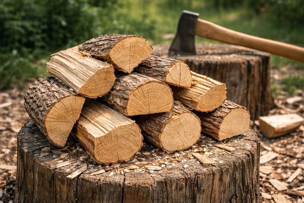 Properly split firewood pieces sized correctly to season for best heat output