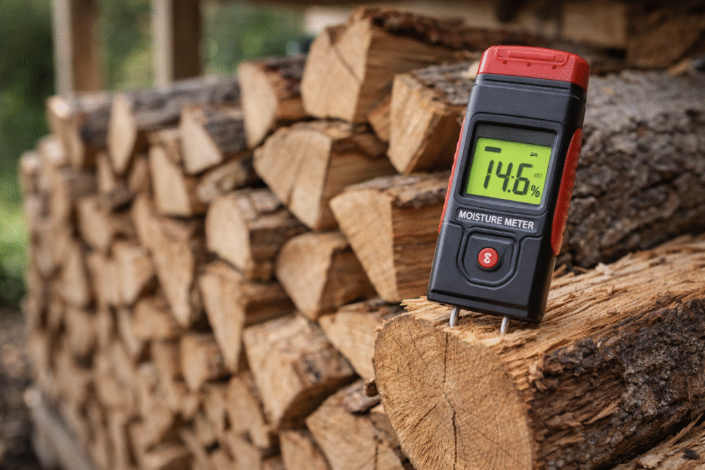 Properly stacked seasoned firewood with moisture mete