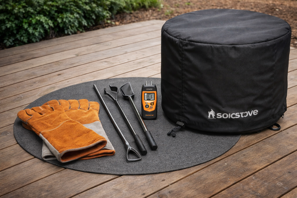Smokeless fire pit accessories including gloves tools moisture meter and cover