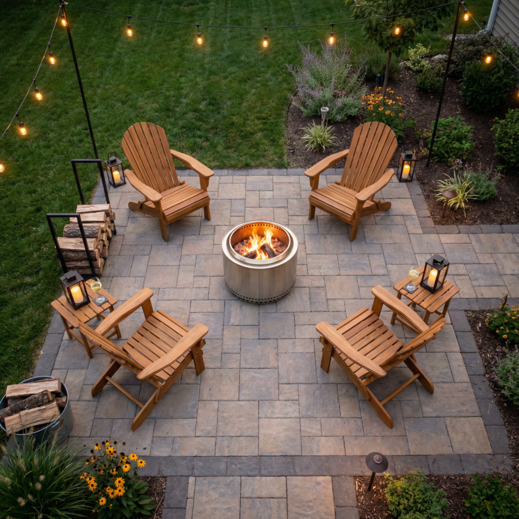 Smokeless fire pit backyard setup with proper spacing and seating arrangement