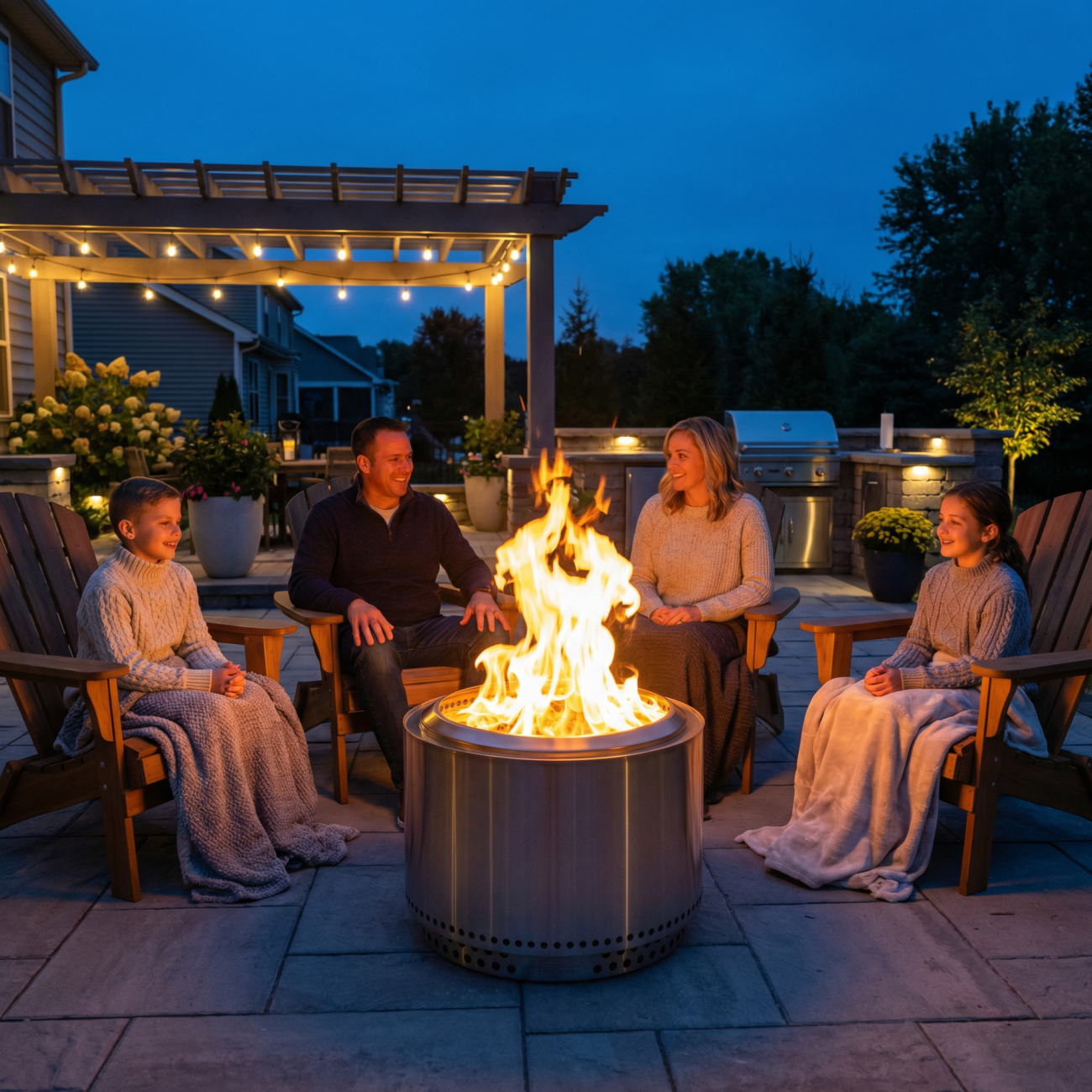 smokeless fire pit burning clean flames in modern backyard patio with family gathered around at dusk