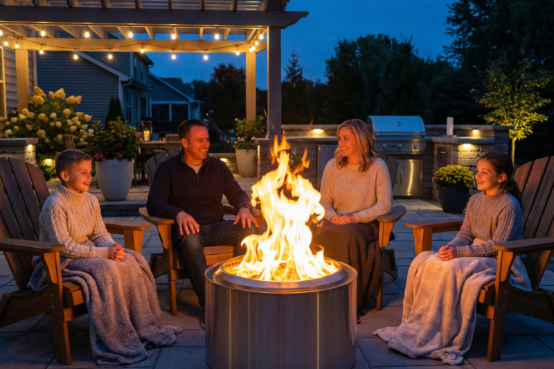 smokeless fire pit burning clean flames in modern backyard patio with family gathered around at dusk