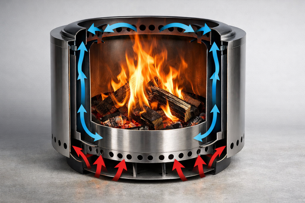 Smokeless fire pit double wall construction showing airflow pattern and secondary combustion