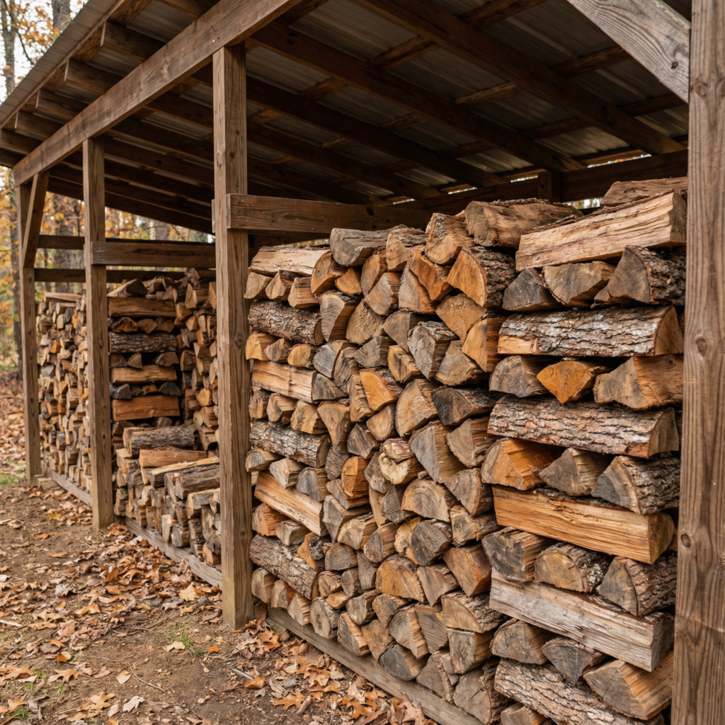 stacked cords of seasoned firewood ready for winter heating