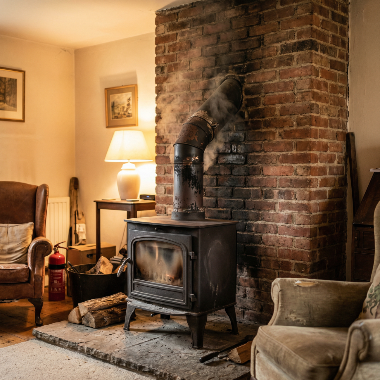 wood stove venting mistakes showing improper chimney installation and smoke backdraft