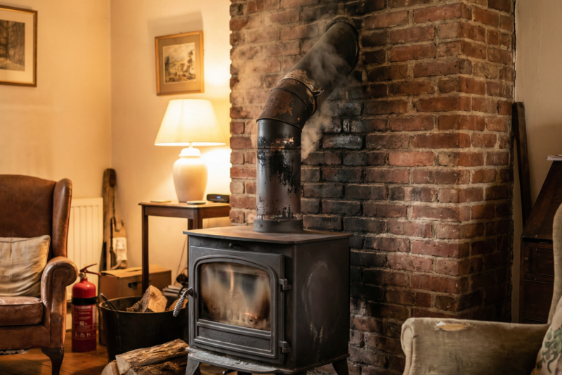 wood stove venting mistakes showing improper chimney installation and smoke backdraft