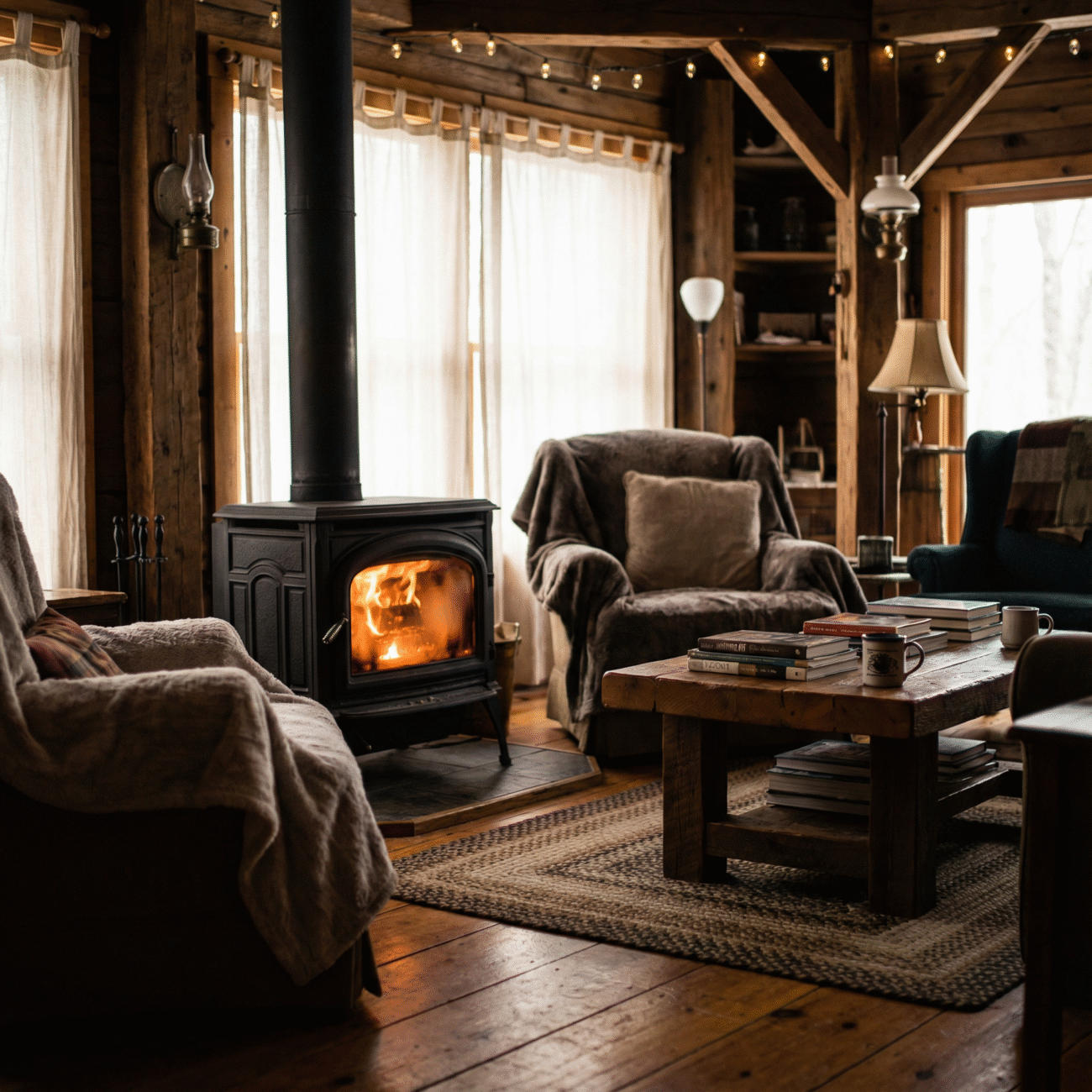 what size wood stove do i need for a cabin showing cozy interior with properly sized wood burning stove