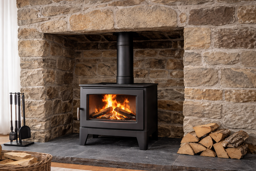 wood stove venting mistakes with oversized masonry chimney and small stove collar