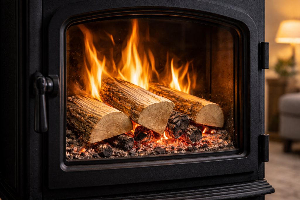 Poplar wood burning in modern wood stove with visible flames