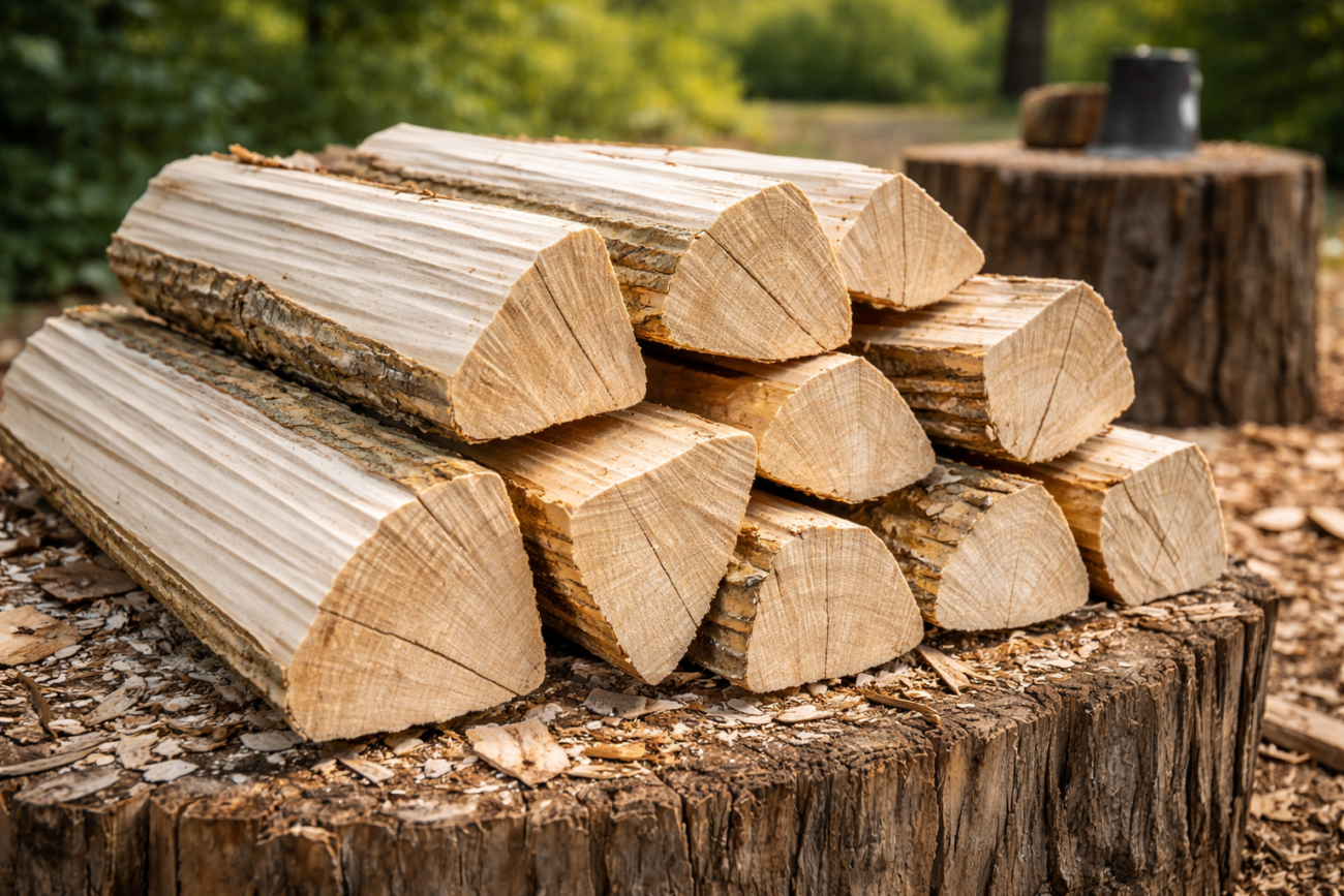 Poplar wood logs freshly split showing characteristic light colored grain