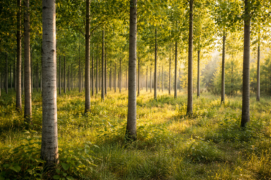 Young poplar trees growing showing fast growth sustainability