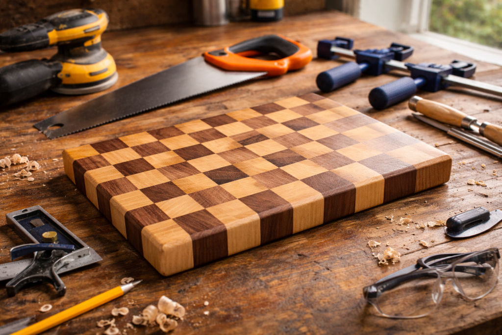beginner woodworking tools used to create simple cutting board project
