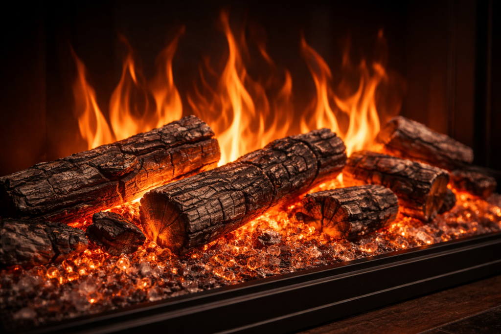 best electric fireplaces realistic LED flame technology close-up with ember bed