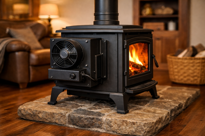 Wood Stove Blower Guide: 7 Smart Tips (2026) 7 wood stove blower guide showing a modern wood stove with blower fan in a cozy living room