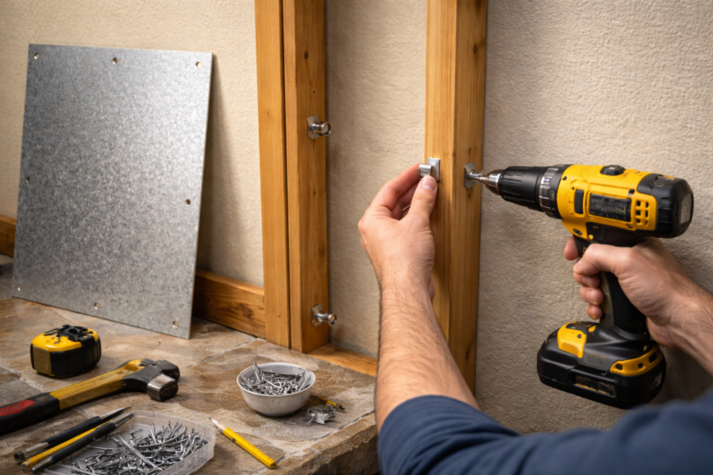 Wood Stove Heat Shield: When & Why You Need One in 2026 15 wood stove heat shield DIY installation showing spacers and sheet metal mounting