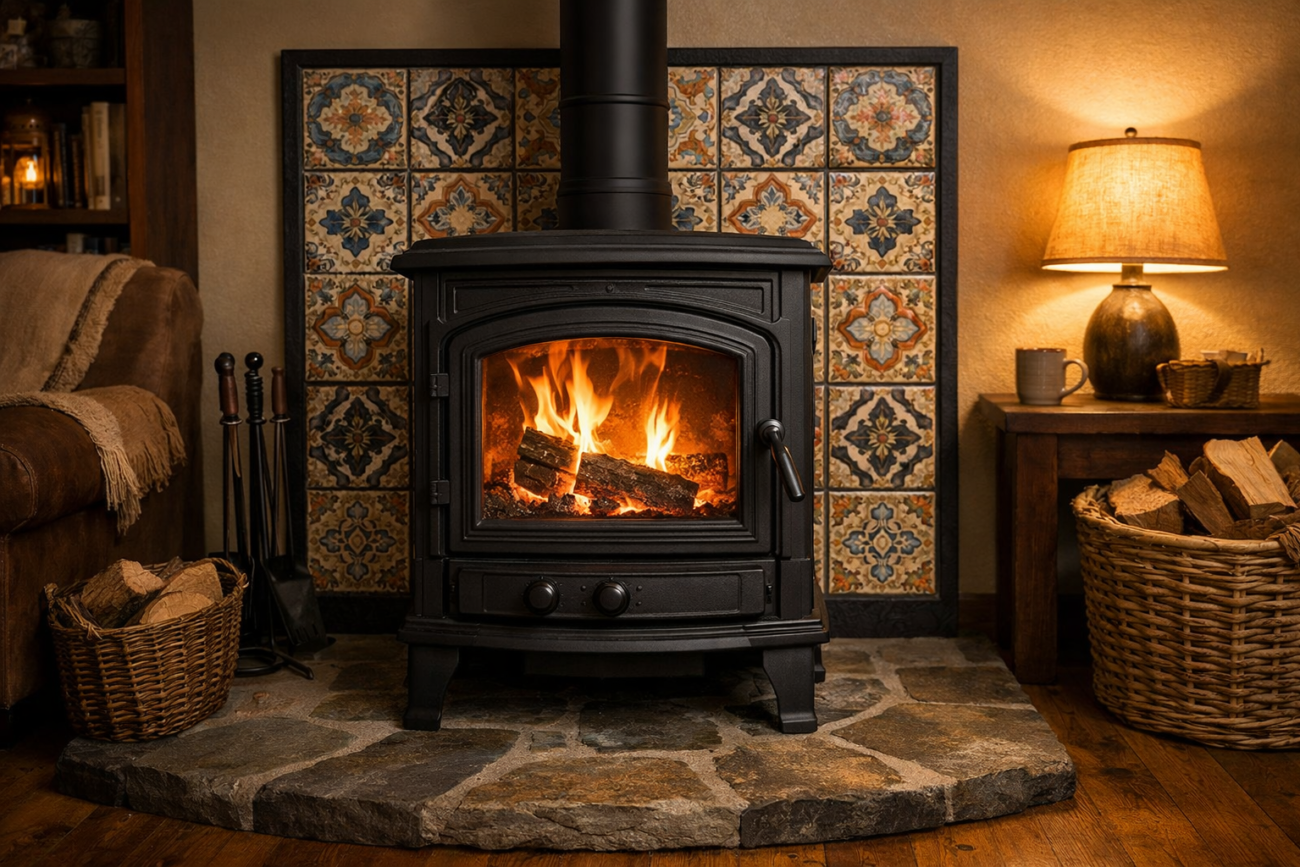 Wood Stove Heat Shield: When & Why You Need One in 2026 1 wood stove heat shield installed on wall behind a black cast iron wood stove in a living room