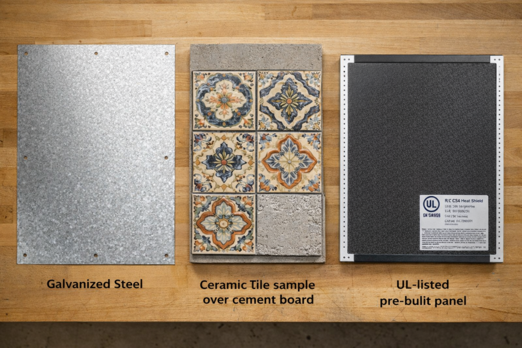 Wood Stove Heat Shield: When & Why You Need One in 2026 8 wood stove heat shield types showing sheet metal, tile, and pre-built panel options